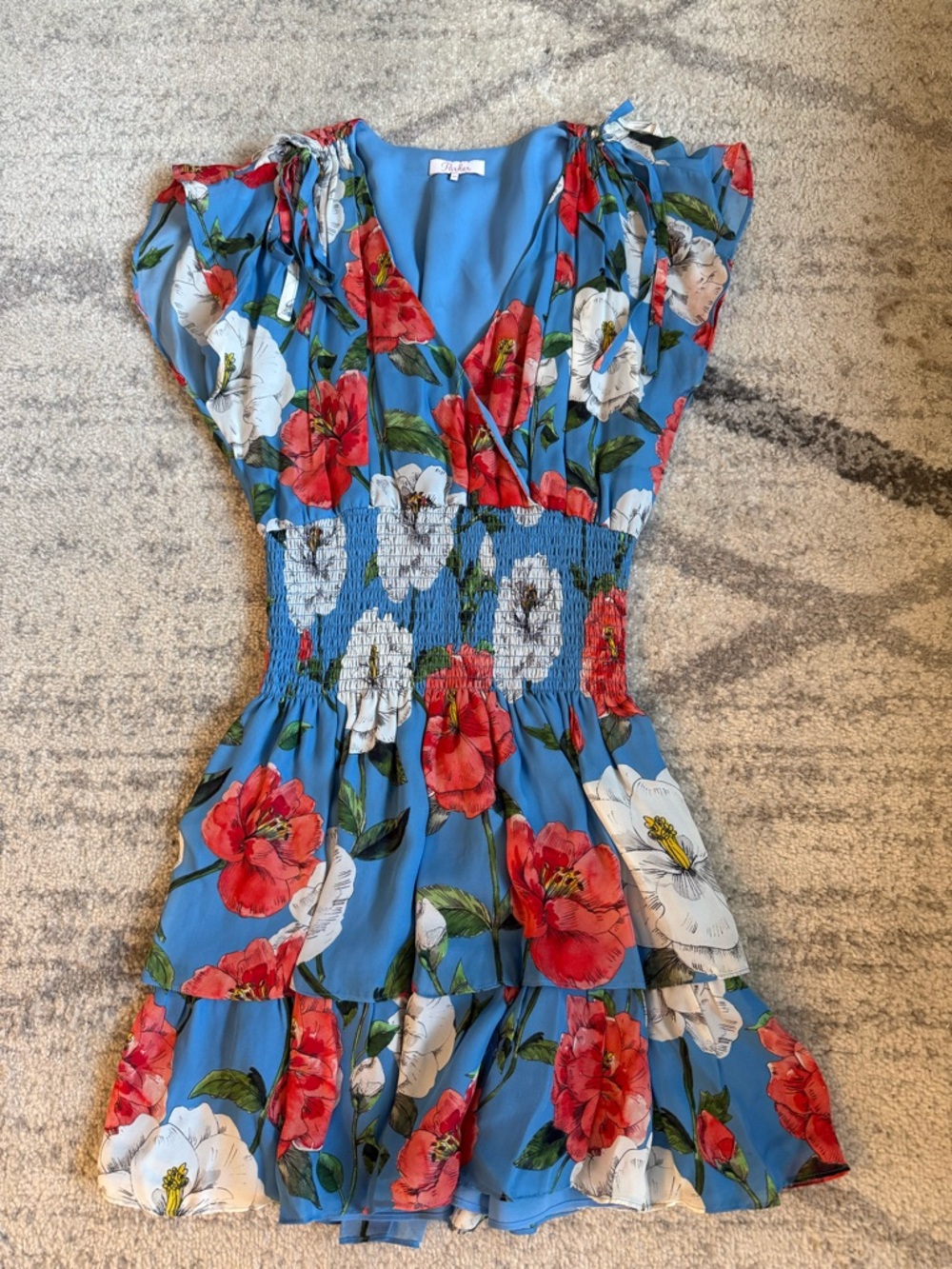 Parker Sky Blue Floral V-Neck Dress with Red Blooms
